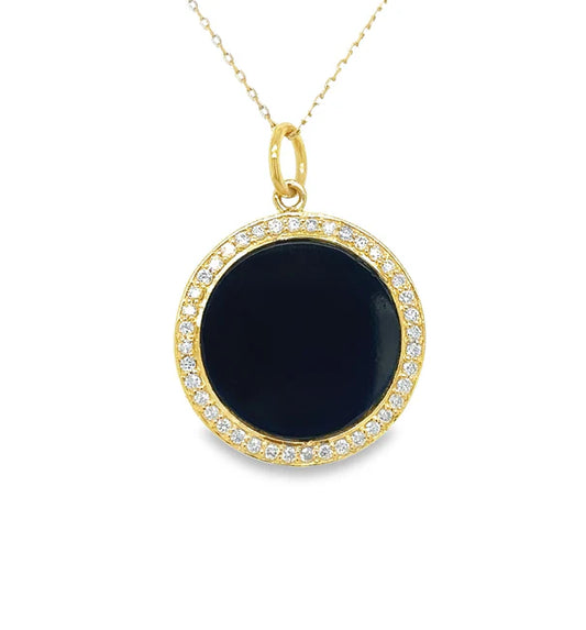 14KT YELLOW GOLD BLACK ONYX DISK PENDANT WITH DIAMONDS