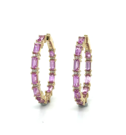 14KT YELLOW GOLD PINK SAPPHIRE AND DIAMOND HOOP EARRING