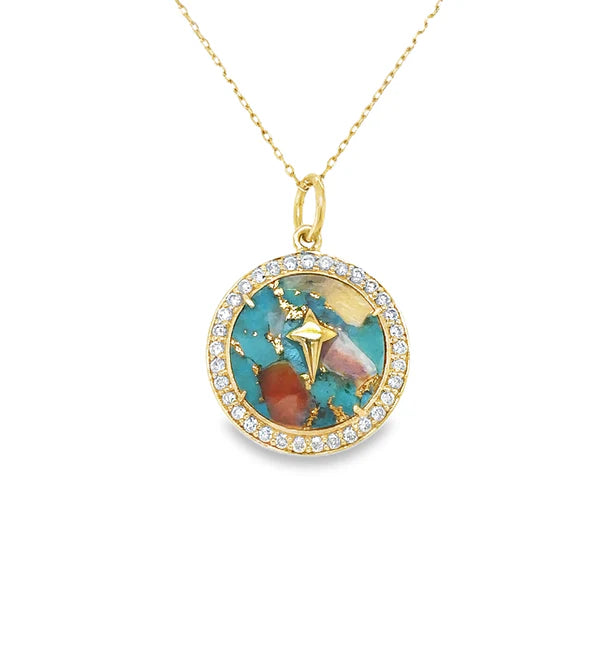 14KT YELLOW GOLD OYSTER TURQUOISE PENDANT WITH DIAMONDS