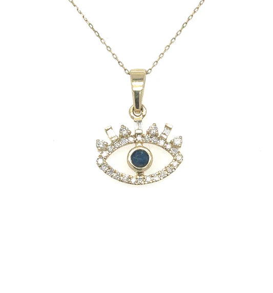 14KT YELLOW GOLD SAPPHIRE AND DIAMONDS EVIL EYE PENDANT