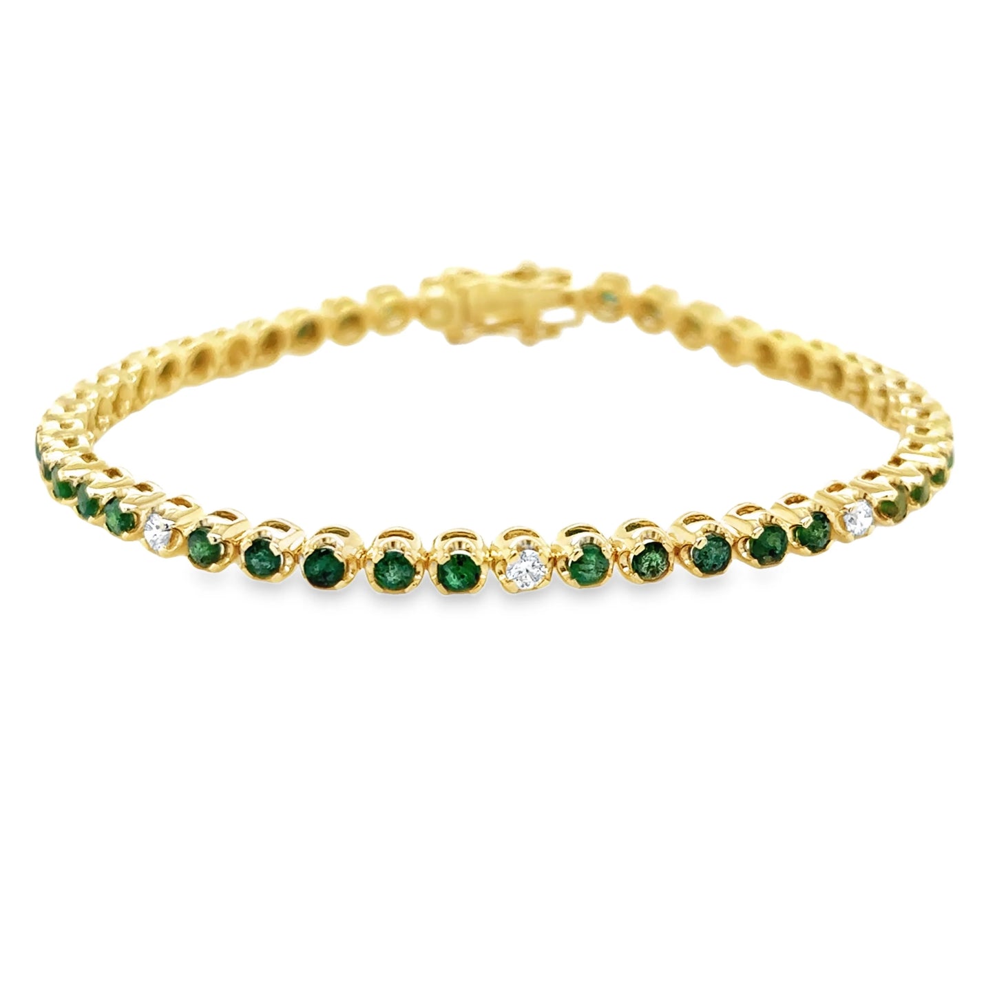 14KT YELLOW GOLD EMERALD AND DIAMOND TENNIS BRACELET