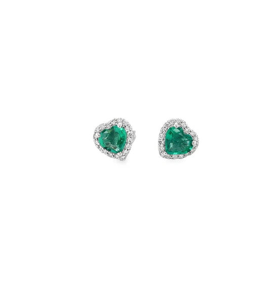 18KT WHITE GOLD HEART SHAPE EMERALD AND DIAMONDS EARRING