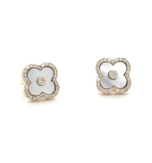 14KT YELLOW GOLD MOTHER OF PEARL AND DIAMONDS CLOVER EARRING