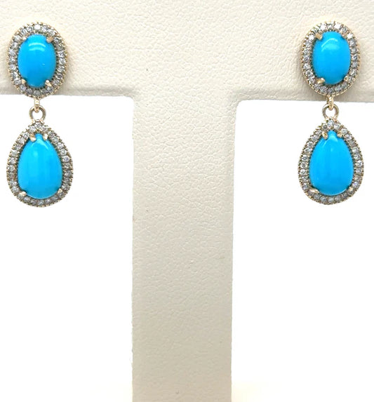 14KT YELLOW GOLD TURQUOISE AND DIAMONDS EARRING