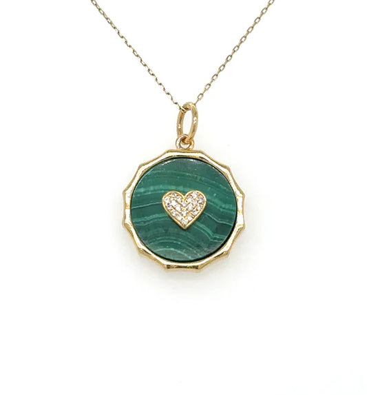 14KT YELLOW GOLD MALACHITE HEART PENDANT WITH DIAMONDS