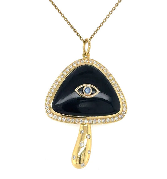 14KT YELLOW GOLD BLACK ONYX MUSHROOM PENDANT WITH DIAMONDS