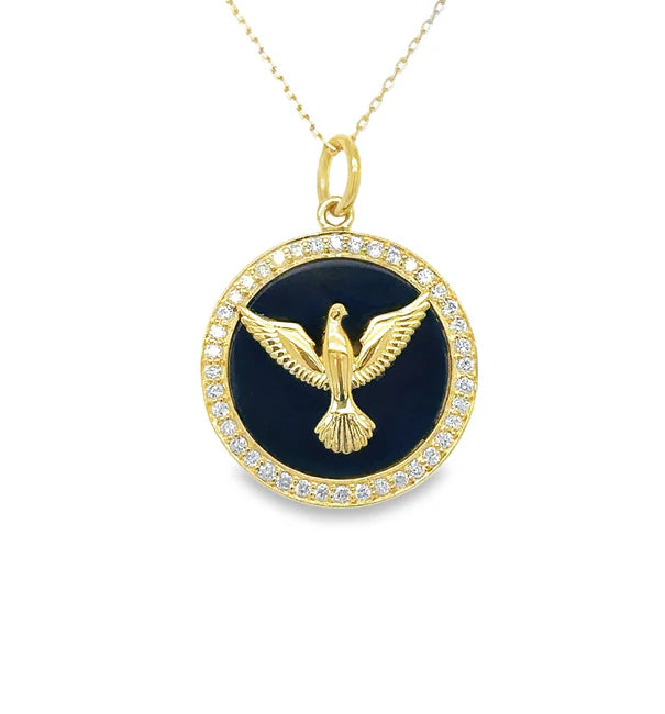 14KT YELLOW GOLD BLACK ONYX BIRD PENDANT WITH DIAMONDS