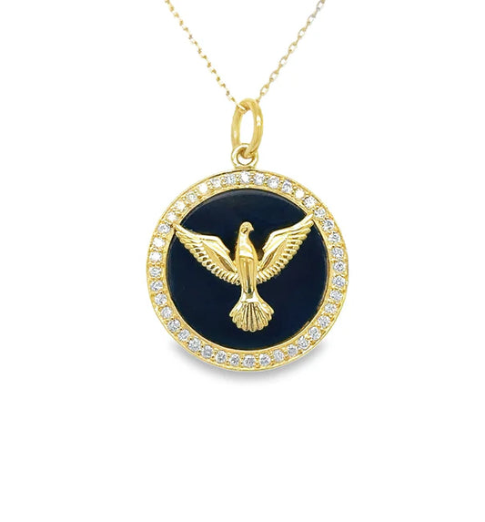 14KT YELLOW GOLD BLACK ONYX BIRD PENDANT WITH DIAMONDS
