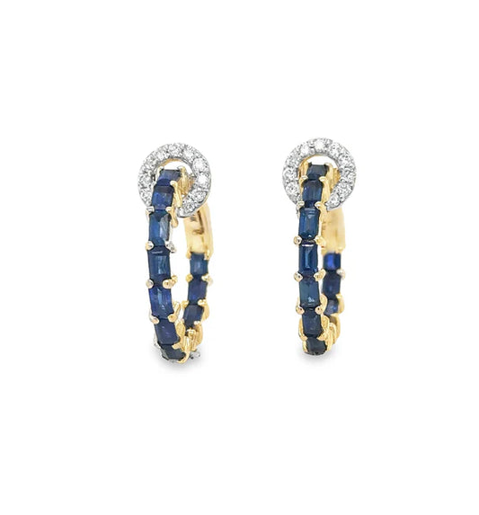 14KT YELLOW GOLD SAPPHIRE AND DIAMONDS HOOP EARRING