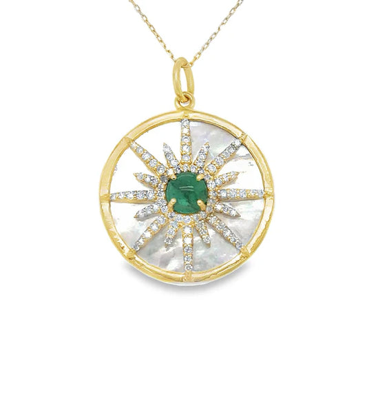 14KT YELLOW GOLD MOTHER OF PEARL PENDANT WITH EMERALD AND DIAMONDS
