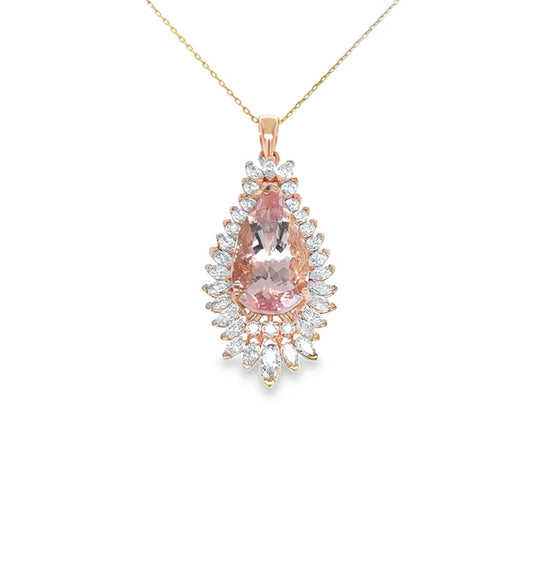 14KT YELLOW GOLD MORGANITE AND DIAMOND PENDENT
