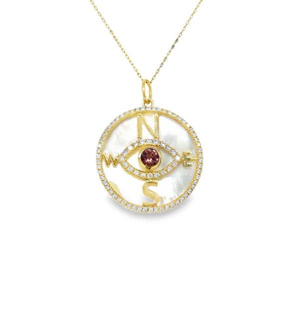 14KT YELLOW GOLD MOTHER OF PEARL AND TOURMALINE EVIL EYE COMPASS PENDANT WITH DIAMONDS