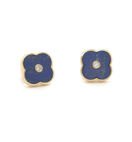 14KT YELLOW GOLD LAPIS AND DIAMOND CLOVER EARRING