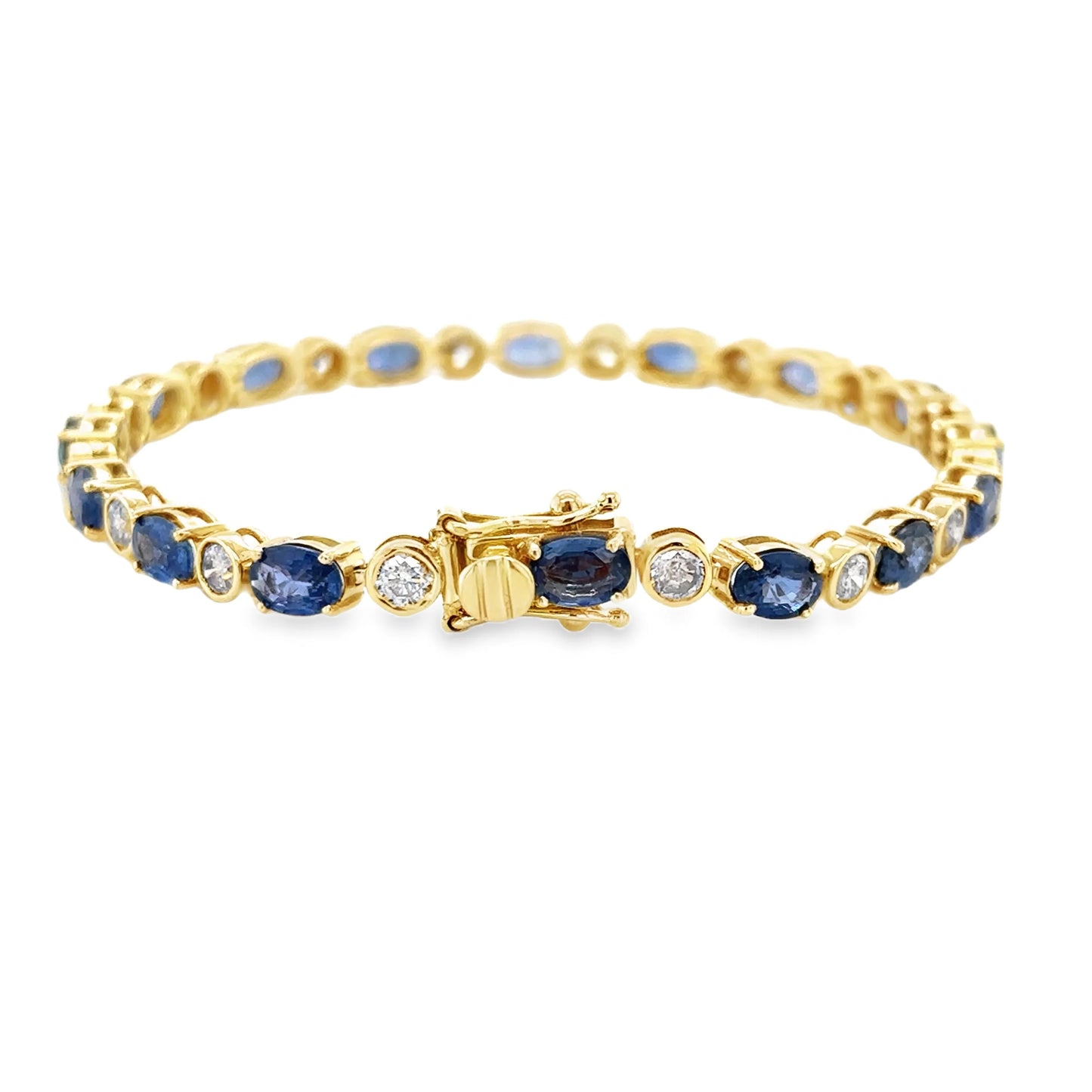 14KT YELLOW GOLD BLUE SAPPHIRE AND BEZELED DIAMONDS BRACELET
