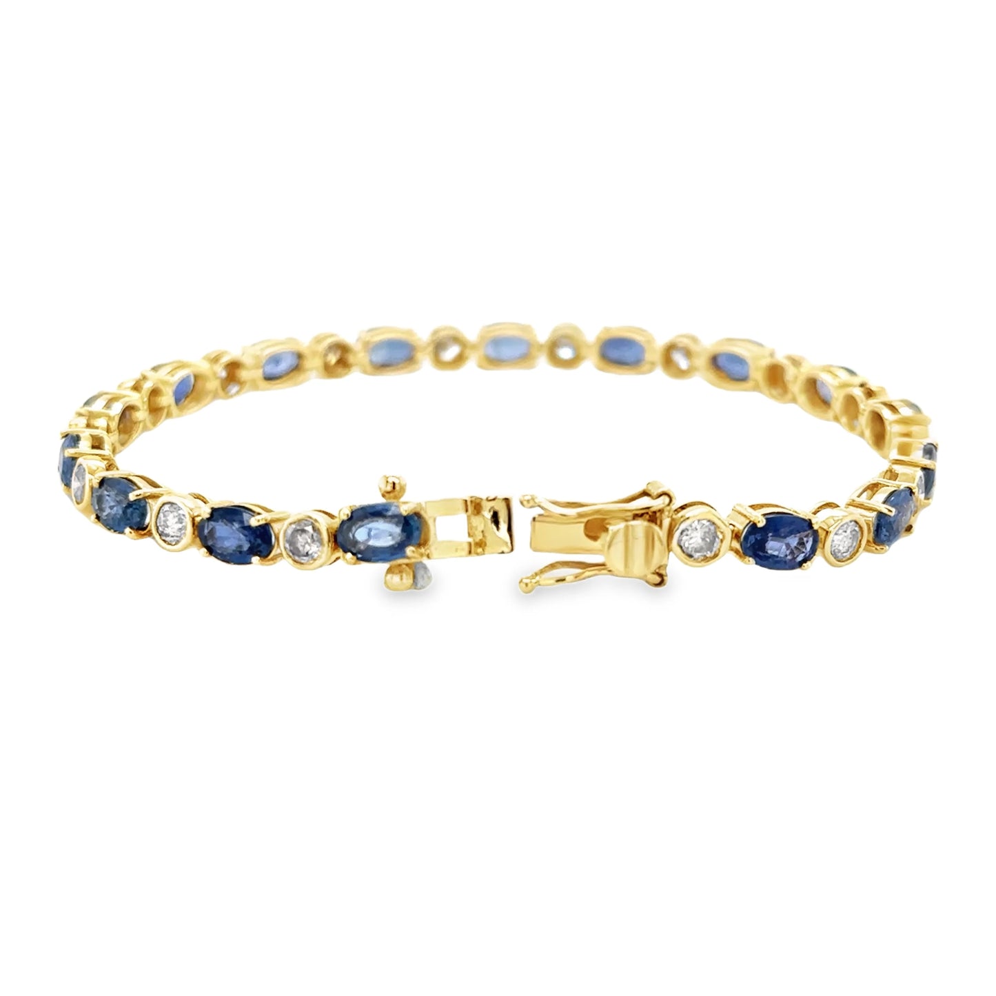 14KT YELLOW GOLD BLUE SAPPHIRE AND BEZELED DIAMONDS BRACELET