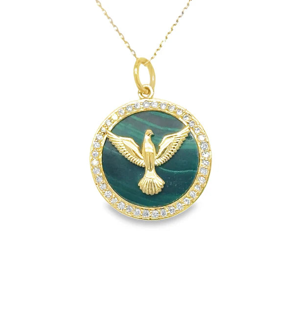 14KT YELLOW GOLD MALACHITE BIRD PENDANT WITH DIAMONDS