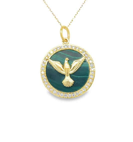 14KT YELLOW GOLD MALACHITE BIRD PENDANT WITH DIAMONDS