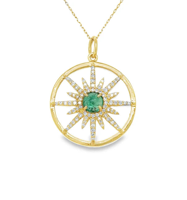 14KT YELLOW GOLD CLEAR QUARTZ PENDANT WITH EMERALD AND DIAMONDS