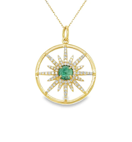 14KT YELLOW GOLD CLEAR QUARTZ PENDANT WITH EMERALD AND DIAMONDS