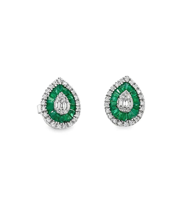 14KT WHITE GOLD EMERALD AND DIAMONDS PEAR SHAPE EARRING