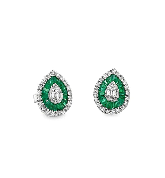 14KT WHITE GOLD EMERALD AND DIAMONDS PEAR SHAPE EARRING