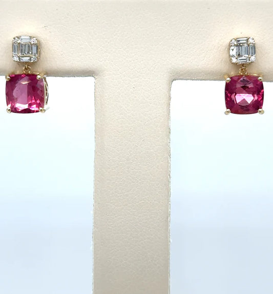 14KT YELLOW GOLD PINK TOURMALINE WITH DIAMONDS EARRING
