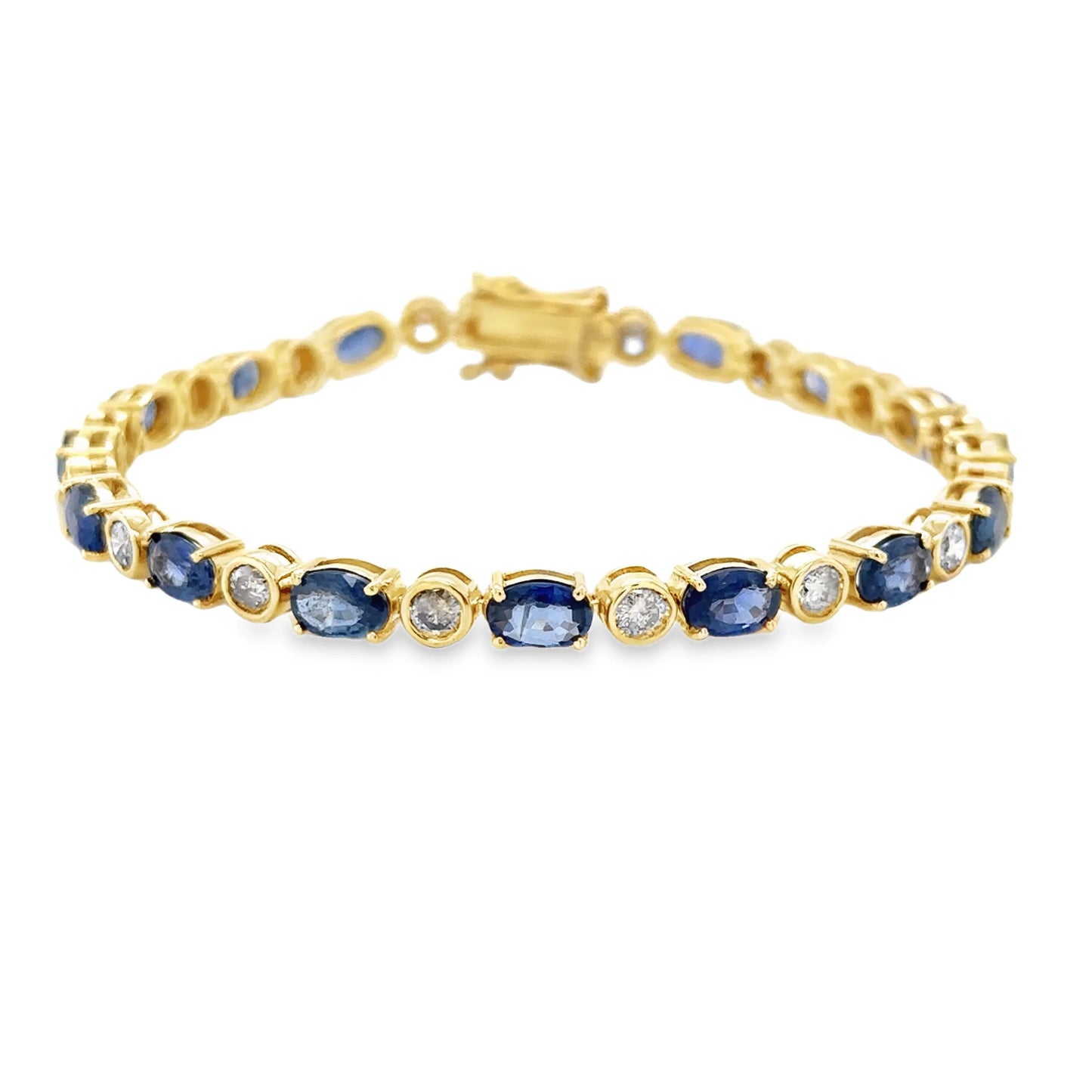 14KT YELLOW GOLD BLUE SAPPHIRE AND BEZELED DIAMONDS BRACELET