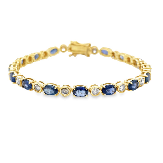 14KT YELLOW GOLD BLUE SAPPHIRE AND BEZELED DIAMONDS BRACELET