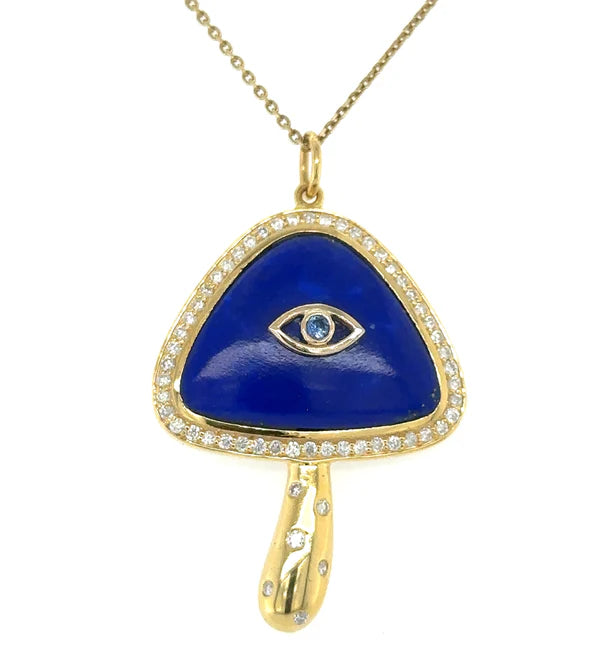 14KT YELLOW GOLD LAPIS MUSHROOM PENDANT WITH DIAMONDS