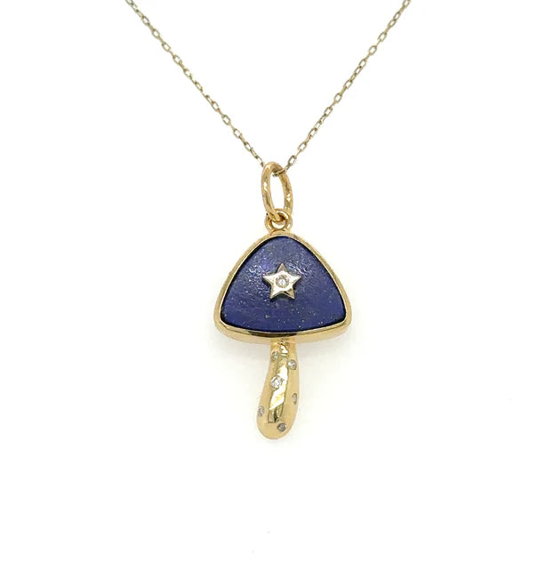 14KT YELLOW GOLD LAPIS MUSHROOM STAR PENDANT WITH DIAMONDS