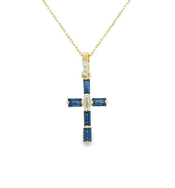 14KT YELLOW GOLD SAPPHIRE AND DIAMONDS CROSS PENDANT