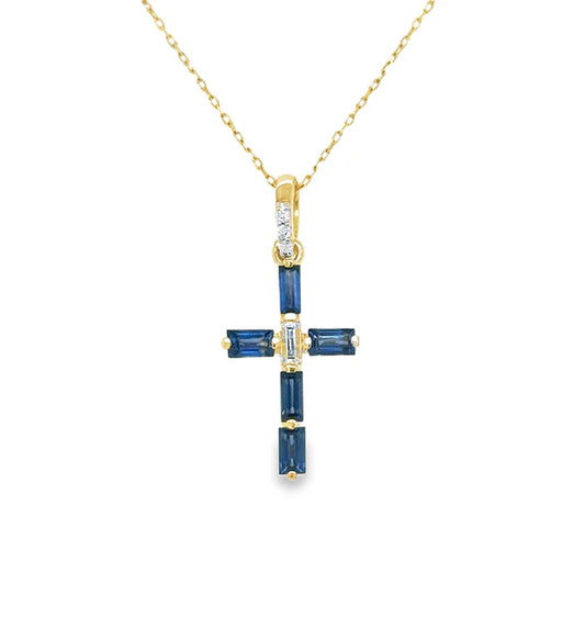 14KT YELLOW GOLD SAPPHIRE AND DIAMONDS CROSS PENDANT