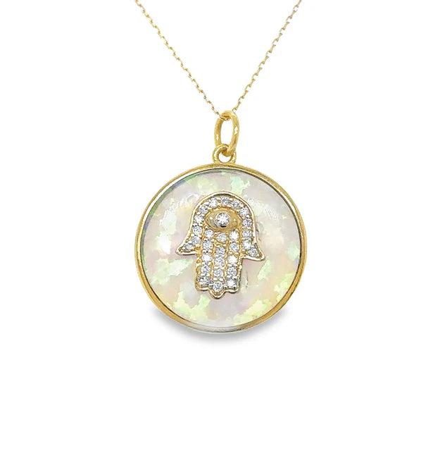 14KT YELLOW GOLD OPAL HAMSA PENDANT WITH DIAMONDS