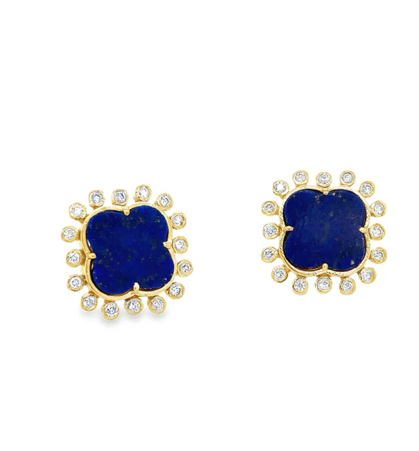 14KT YELLOW GOLD LAPIS AND DIAMONDS CLOVER EARRING