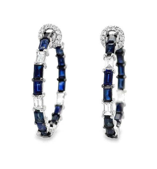 14KT WHITE GOLD SAPPHIRE AND DIAMONDS HOOP EARING