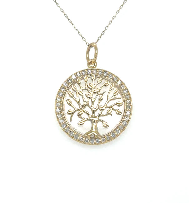 14KT YELLOW GOLD CLEAR QUARTZ TREE OF LIFE PENDANT WITH DIAMONDS