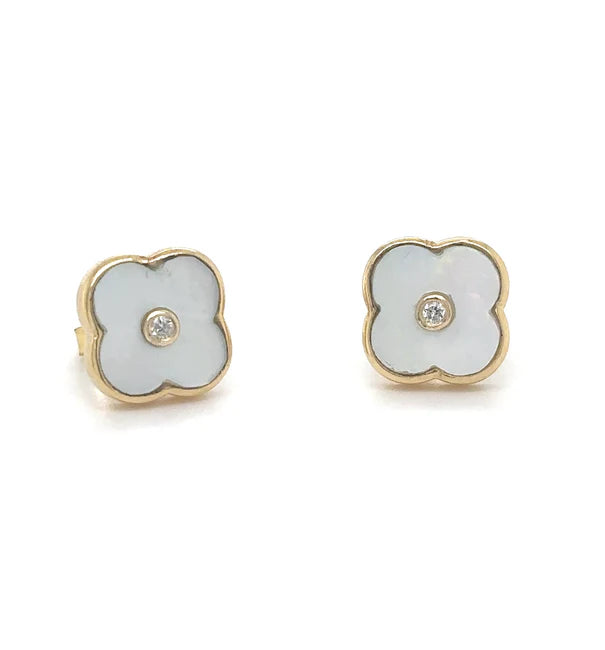 14KT YELLOW GOLD MOTHER OF PEARL AND DIAMOND CLOVER EARRING