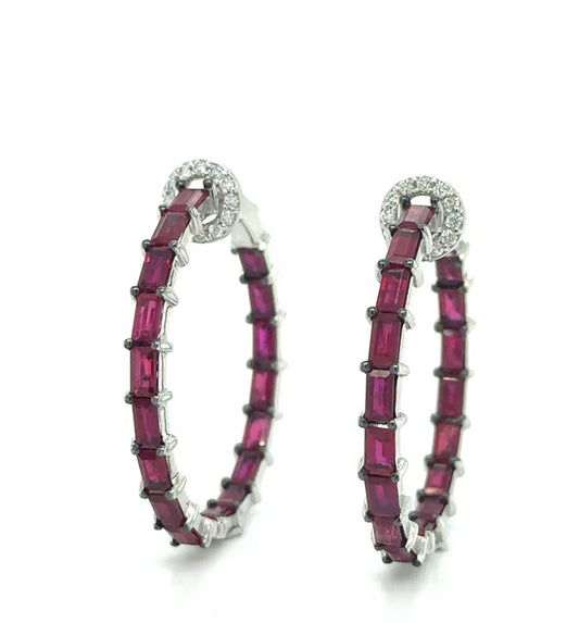18K WHITE GOLD RUBY AND DIAMOND HOOP EARRING