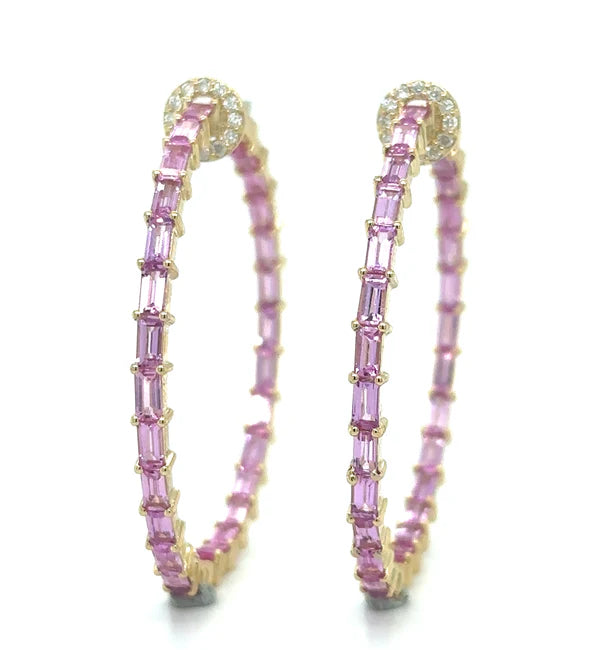 14KT YELLOW GOLD PINK SAPPHIRE AND DIAMONDS HOOP EARING