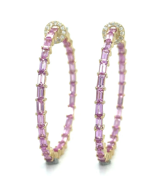 14KT YELLOW GOLD PINK SAPPHIRE AND DIAMONDS HOOP EARING