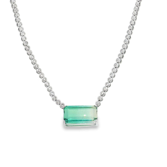 14KT WHITE GOLD GREEN TOURMALINE AND DIAMOND BEZEL TENNIS NECKLACE