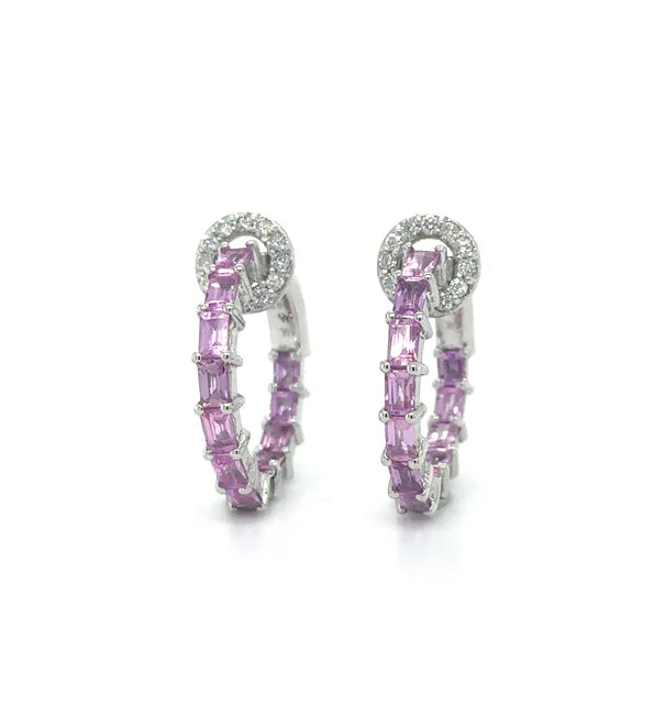 14KT WHITE GOLD PINK SAPPHIRE AND DIAMONDS HOOP EARRING