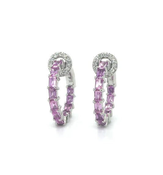 14KT WHITE GOLD PINK SAPPHIRE AND DIAMONDS HOOP EARRING