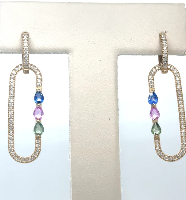 14KT YELLOW GOLD MULTI SAPPHIRE AND DIAMONDS EARRING