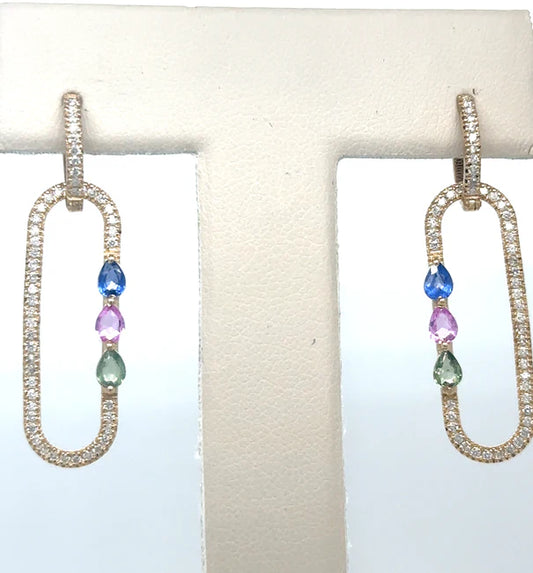 14KT YELLOW GOLD MULTI SAPPHIRE AND DIAMONDS EARRING