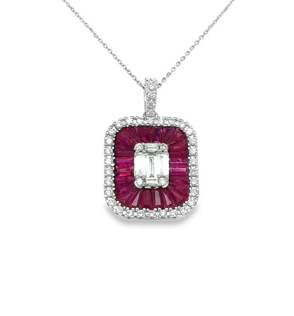 14KT WHITE GOLD RUBY AND DIAMONDS PENDANT