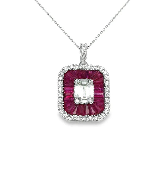 14KT WHITE GOLD RUBY AND DIAMONDS PENDANT