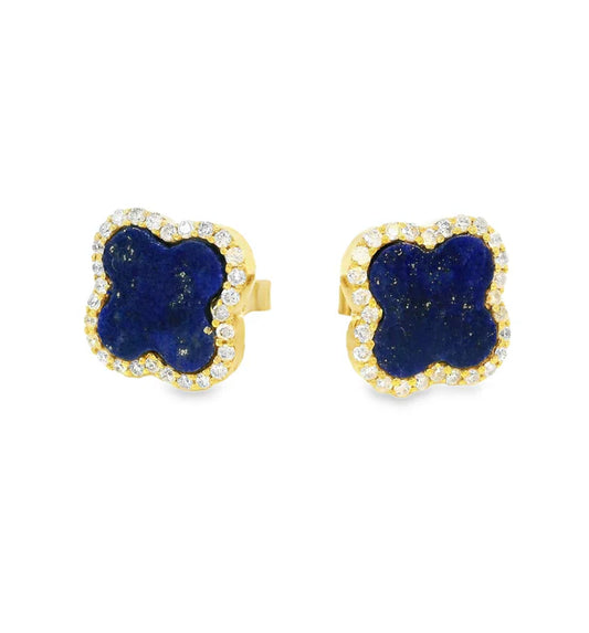 14KT YELLOW GOLD LAPIZ AND DIAMONDS CLOVER EARRING