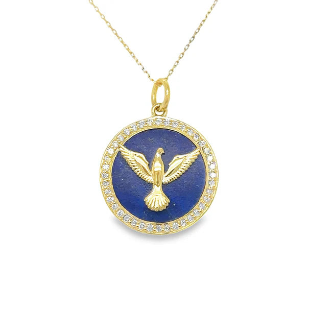 14KT YELLOW GOLD LAPIS BIRD PENDANT WITH DIAMONDS