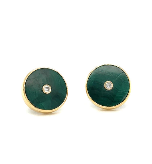 14KT YELLOW GOLD MALACHITE WITH DIAMONDS ROUND EARRING